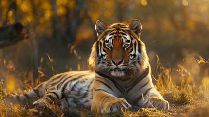 A captivating scene of an Amur tiger lying in a patch of sunlight, the golden light accentuating the beauty of its unique coat