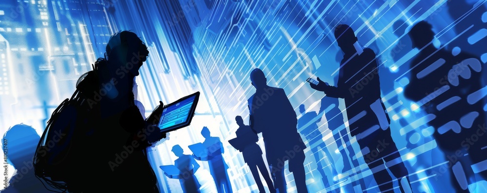 Poster silhouetted hacker with a laptop against an abstract digital background, depicting cybersecurity thr
