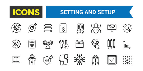 Setting And Setup Line Icons Collection, Operation, Processing, Tools Icons, Ui Icon Set, Thin Outline Icons Pack, Vector Illustration