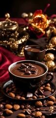 Chocolate and nuts are on a plate with a cup of coffee, hot cocoa drink, chocolate, with a cup of hot chocolate, smothered in melted chocolate