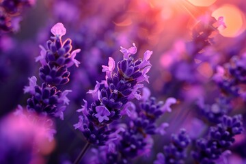 Beautiful french lavender field in bloom under the golden hues of a radiant sunset