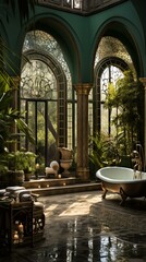 Fototapeta na wymiar Elegant bathroom with green walls and marble floor