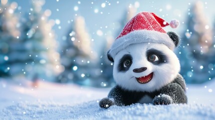 Cute panda with Christmas cap in snow field in winter. 3D illustration.