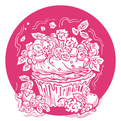 Sweet tasty dessert cupcake with cream and deco for morning breakfast in café or restaurant. Mini birthday cake for pleasure. Hand drawn colorful retro vintage illustration. Old style drawing.