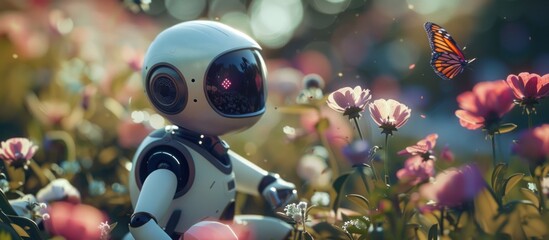 Futuristic cute little robot in flower garden with flying butterflies. AI generated image