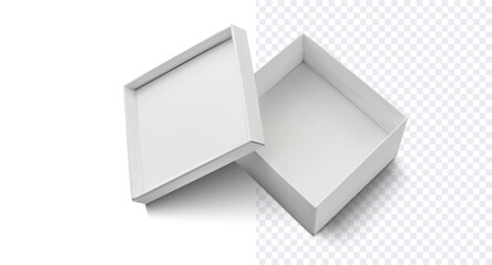 Open White Box with Lid  for Product Display. Simple yet elegant open white box with a detached lid, displayed on a transparent background, perfect for showcasing products or packaging design. Vector
