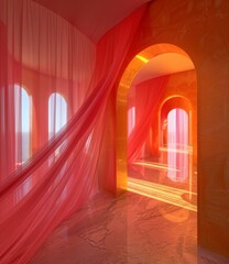 Pink and orange surreal interior space with flowing curtains