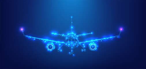 lue Neon Airplane Visualization in the Night Sky. A captivating visualization of an airplane designed with blue neon lines, soaring through a dark night sky, symbolizing advanced aerospace technology.