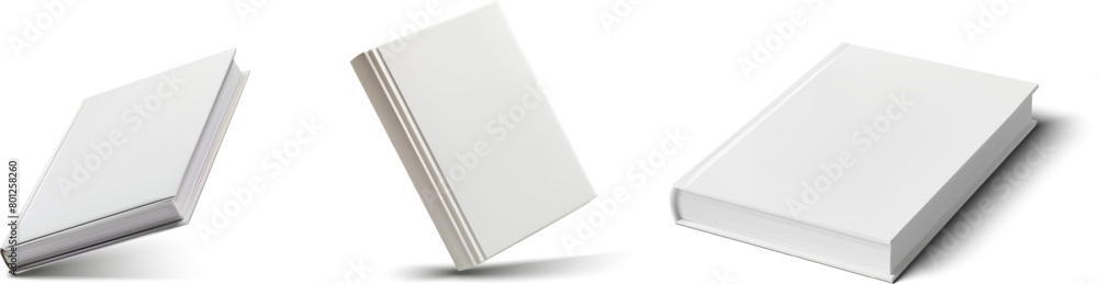 Poster three white books on isolated background - stack and standing. capture the minimalistic charm with t