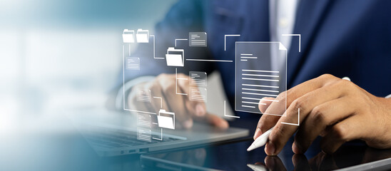 Document management system concept (DMS), Businessman working laptop virtual screen icons folder and document management system, Software for archiving, Searching and managing files corporate document