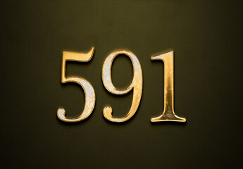 Old gold effect of 591 number with 3D glossy style Mockup.	