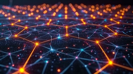 Abstract futuristic illustration of a network of glowing orange and blue dots and lines on a black background.