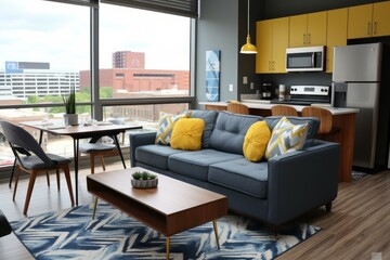 A modern living room with a large window, blue couch, and yellow accents