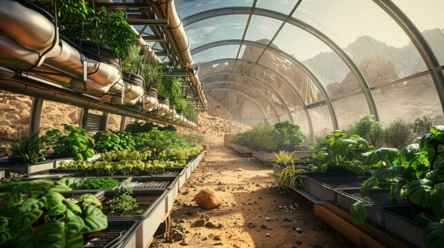 plants growing in a greenhouse on mars