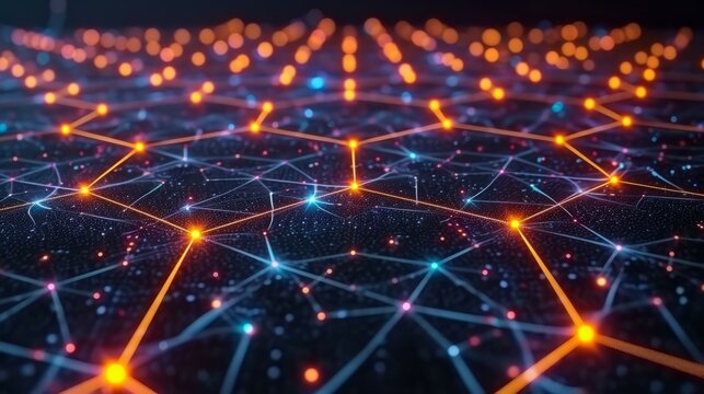 Abstract futuristic illustration of a network of glowing orange and blue dots and lines on a black background.