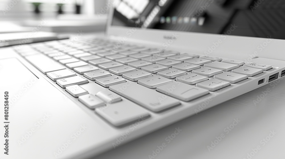 Poster minimalist design of a white laptop keyboard in a bright and clean workspace setting