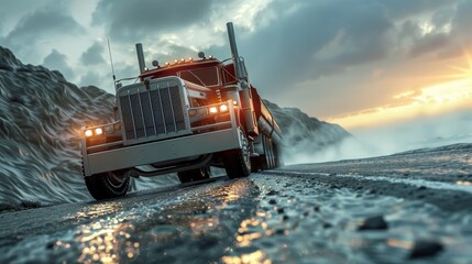 Majestic red truck traverses icy roads under a twilight sky, capturing the essence of winter transport in rugged terrain