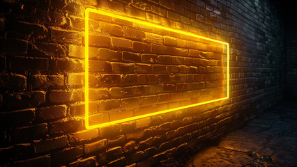City Vibes: Glowing Yellow Neon Frame on Brick Wall