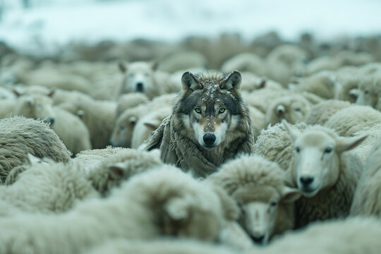 Wolf in sheep's clothing among a flock of sheep