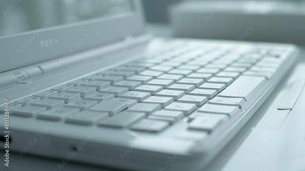 Poster minimalist design of a white laptop keyboard in a bright and clean workspace setting
