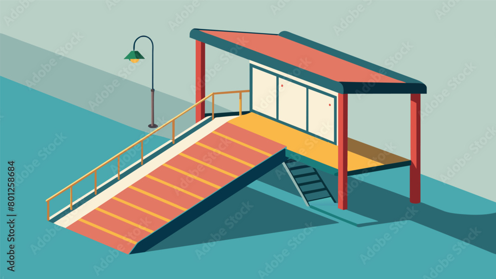 Poster a ramp installed at a bus stop for wheelchair users with an adjustable incline to accommodate differ