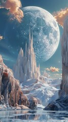 Fantasy landscape with a giant moon and a castle - obrazy, fototapety, plakaty