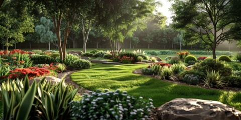 A beautiful garden with a stone path and various plants and flowers