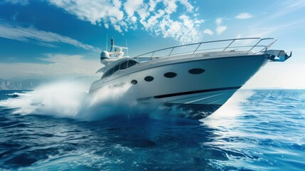Close-up view of a fast motor boat on blue sea water. AI generated image