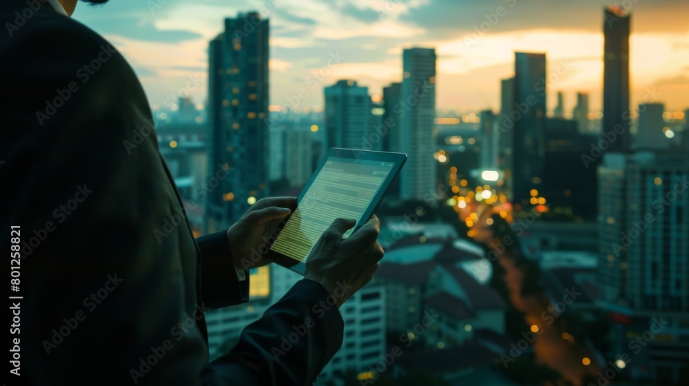 Aufkleber a businessman analyzing business data on a tablet with a city skyline in the background, symbolizing