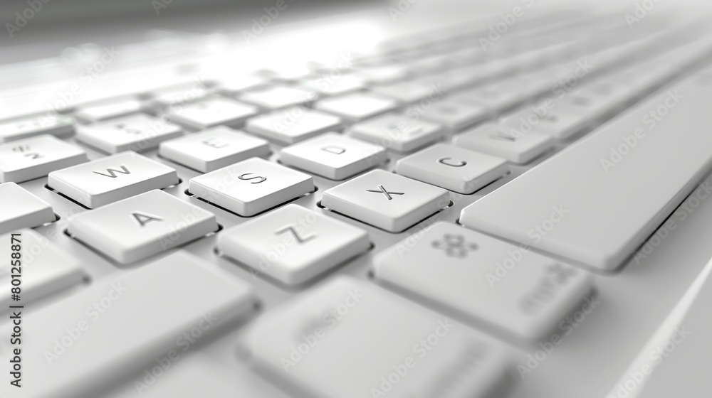 Poster minimalist design of a white laptop keyboard in a bright and clean workspace setting