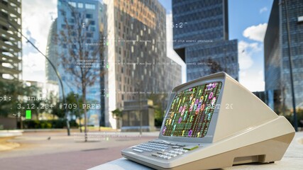 computer with city skyscraper skyline and code and data on screen - 801258843