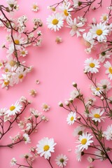 White and yellow daisies on a pink background