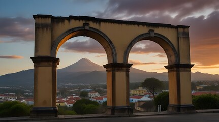 Cityscape of Antigua city at sunrise with the Santa Catalina arch.generative.ai