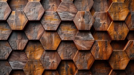 3d render Abstract brown wood hexagon mosaic pattern texture background. Generated AI image