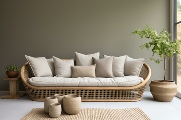 A stylish and comfortable living room with a curved wicker sofa, a jute rug, and woven baskets.