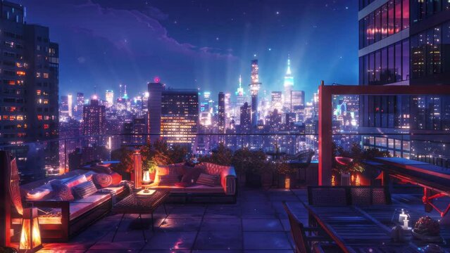 luxury lounge terrace on a skyscraper in the heart of the downtown, cyberpunk colors, chill vibe, loop animation