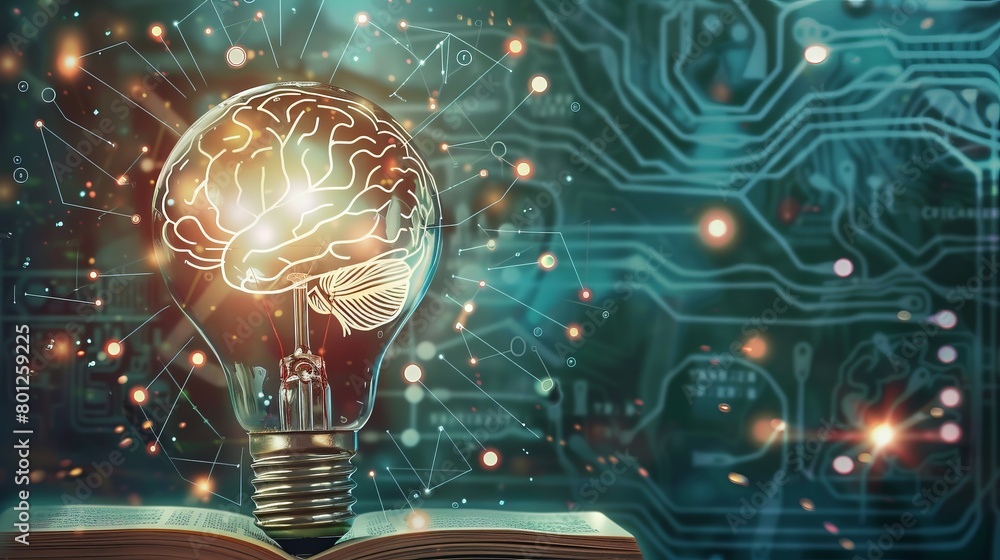 Poster artistic depiction of a light bulb reflecting the pages of a book within its glass, with digital cir