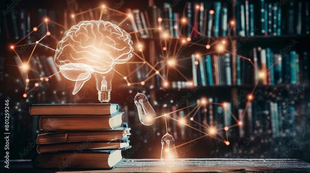 Poster a network of light bulbs connected by beams of light to a stack of books, with the silhouette of a b