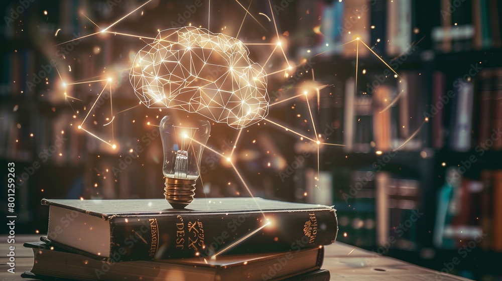 Poster a network of light bulbs connected by beams of light to a stack of books, with the silhouette of a b