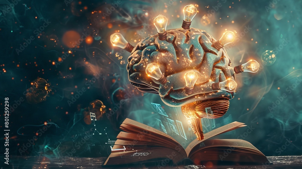Poster an abstract composition of a brain formed by a cluster of light bulbs, with a book at the base and d