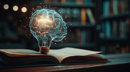 Light bulbs show ideas from opening a book, a transparent brain lit by the inner glow of a light bulb, with pages of a book morphing into digital data, exploring the nexus of human thought and future 