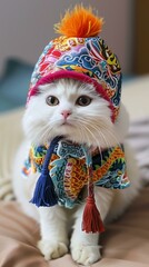 A white cat wearing a colorful hat and scarf