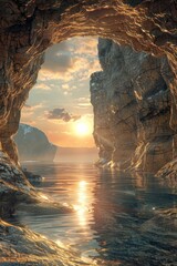 fantasy landscape with sunset over the sea and rocks