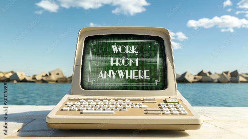 Poster computer on a beach with words work from anywhere on screen