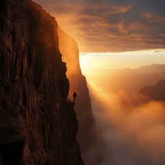 A lone hiker on a mountain peak at sunset