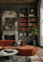 ornate living room with red velvet sofa and marble fireplace