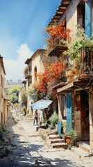 A painting of a narrow street with stone buildings and colorful flowers