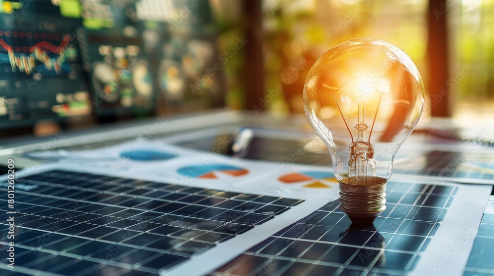 Wall mural a conceptual image of a lightbulb over a solar panel array, surrounded by financial documents and gr