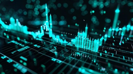 Dynamic display of digital trading chart with glowing blue candlesticks on a dark background symbolizing market analysis