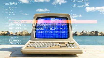 computer on a beach with data and code on screen - 801260216